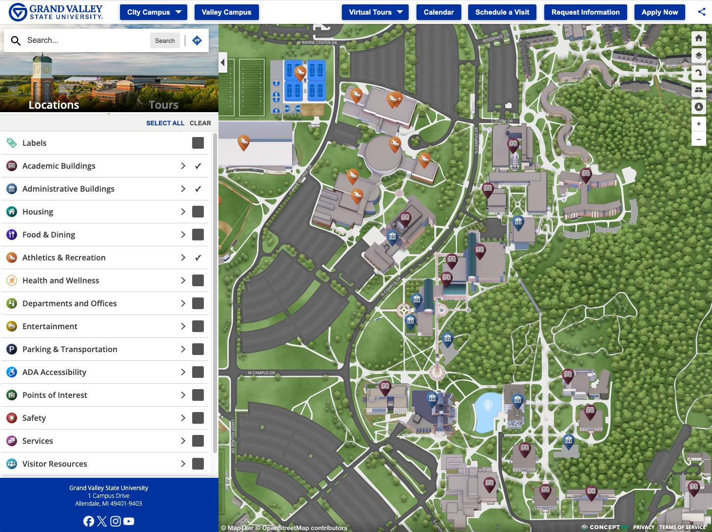 digital map, not interactive, of allendale grand valley campus.
